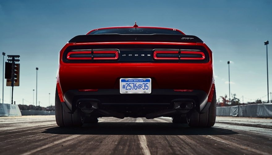 The rear of the Dodge Demon shows the car's wide body frame.