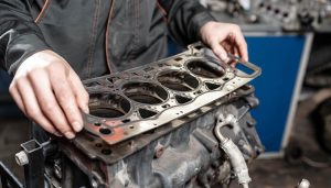 A mechanic fixes a blown head gasket