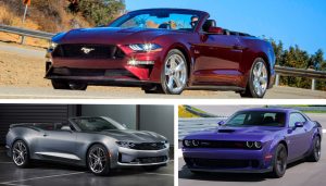 Cheap power and torque are the hallmarks of the Dodge Challenger, the Chevrolet Camaro, and the 2019 Ford Mustang GT Convertible. Here's how they stack up