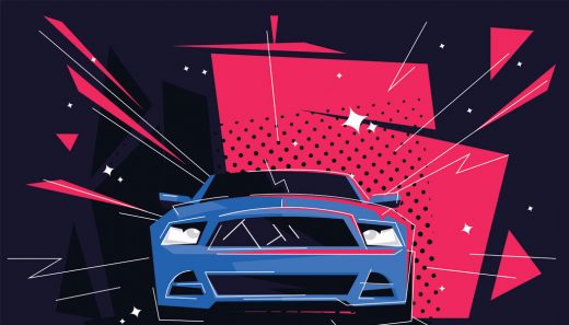 An illustration of the front of a Blue car with a geometric pink background.